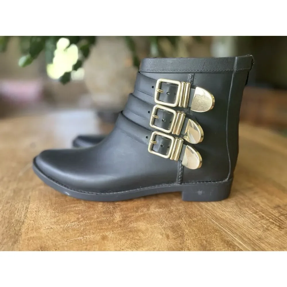 Loeffler Randall Black Rubber Rain Boots Gold Buckle Ankle Size 5